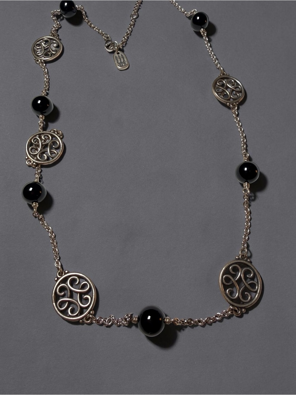 Sterling Silver and Black Onyx Long Station Necklace